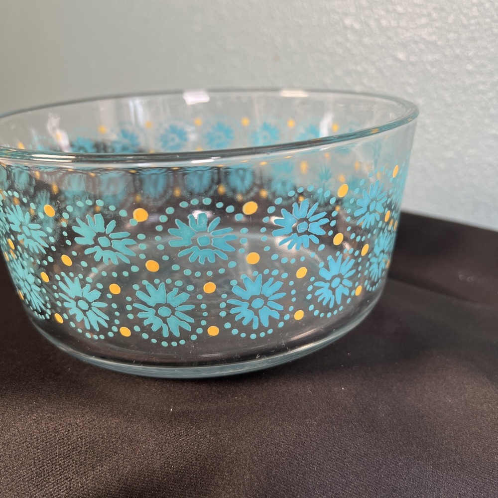 PIONEER WOMAN DANDELION DESIGN TEAL GOLD GLASS MIXING BOWL 1.75qt/ 7c - Picture 3 of 4